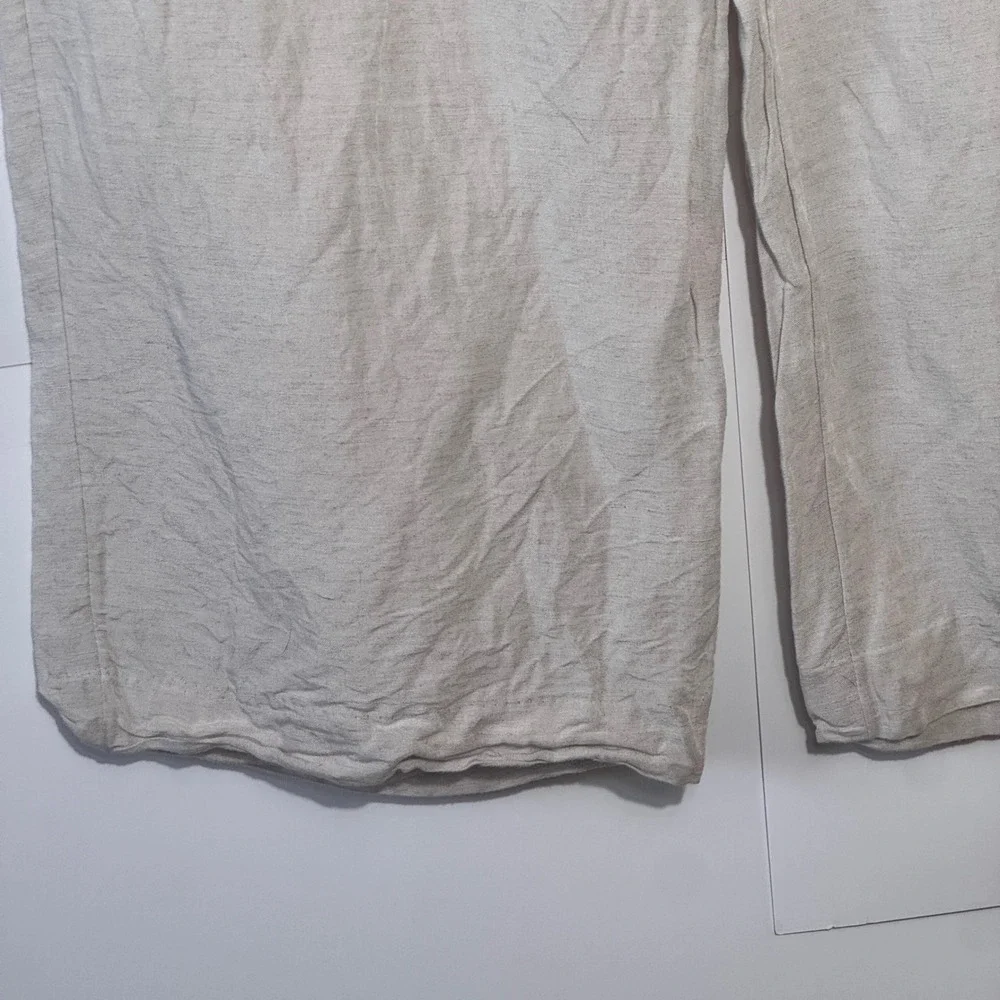 HM Linen Blend Pants Women L‎ Beige Wide Leg Drawstring Lagenlook Natural Fiber